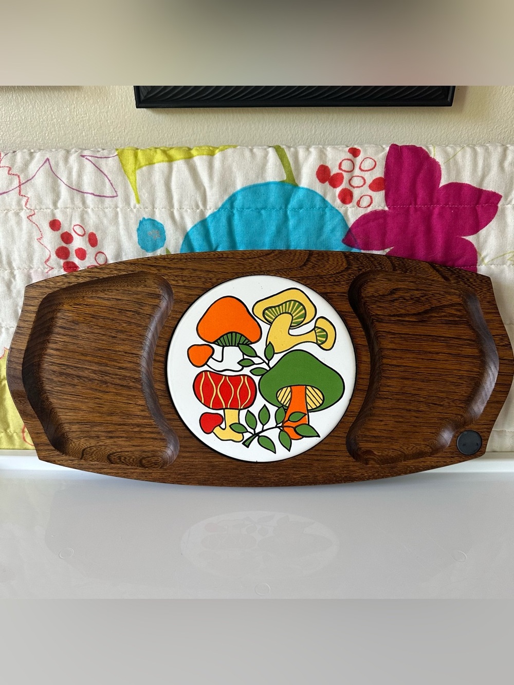 vintage wood charcuterie tray w mushroom themed trivet / magnet for utensils